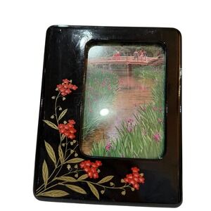 Vintage Made in Japan Black Lacquer Cherry Blossom Picture Frame Sakura Oriental